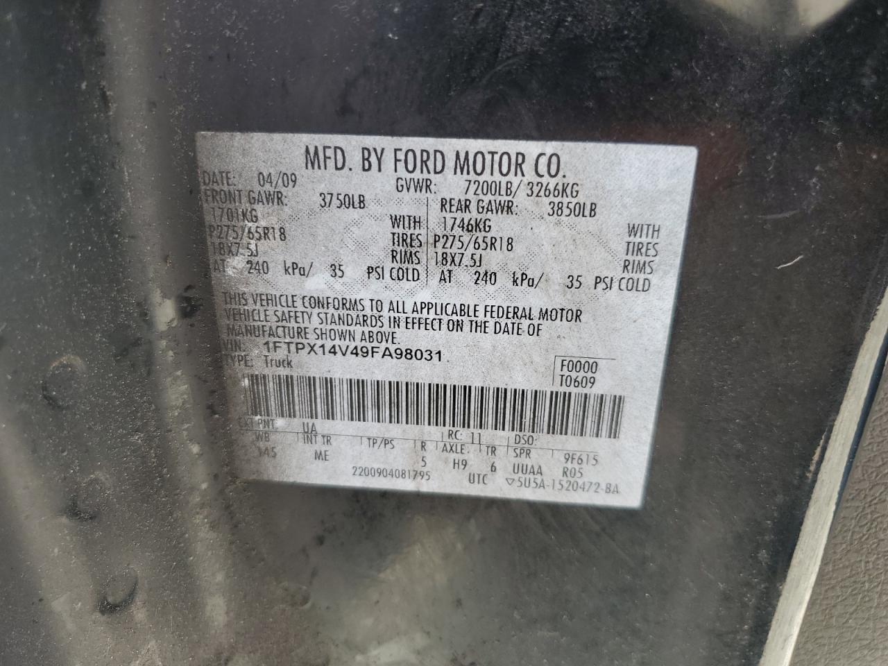 2009 Ford F150 Super Cab VIN: 1FTPX14V49FA98031 Lot: 64275765