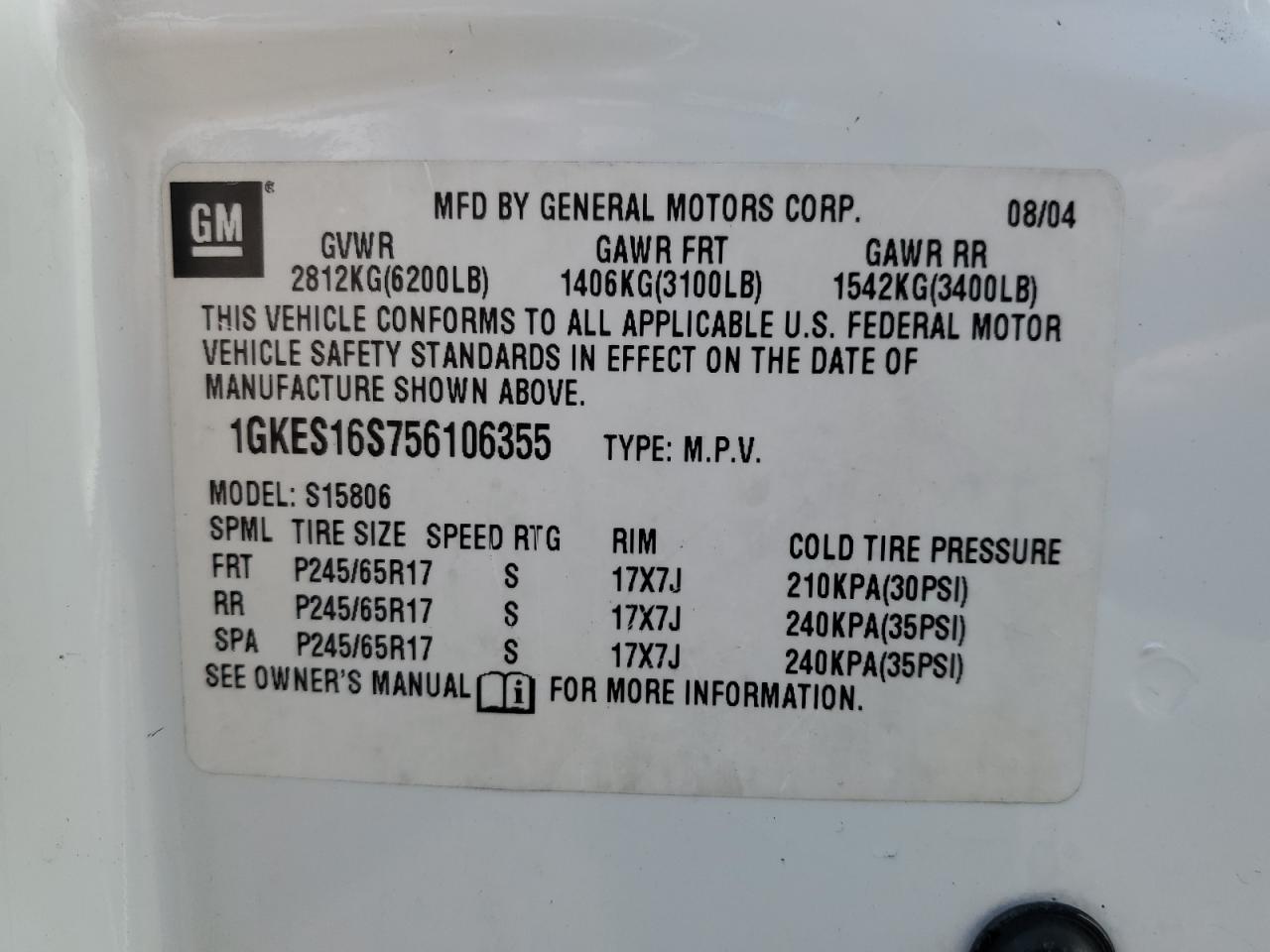 2005 GMC Envoy Xl VIN: 1GKES16S756106355 Lot: 63270105