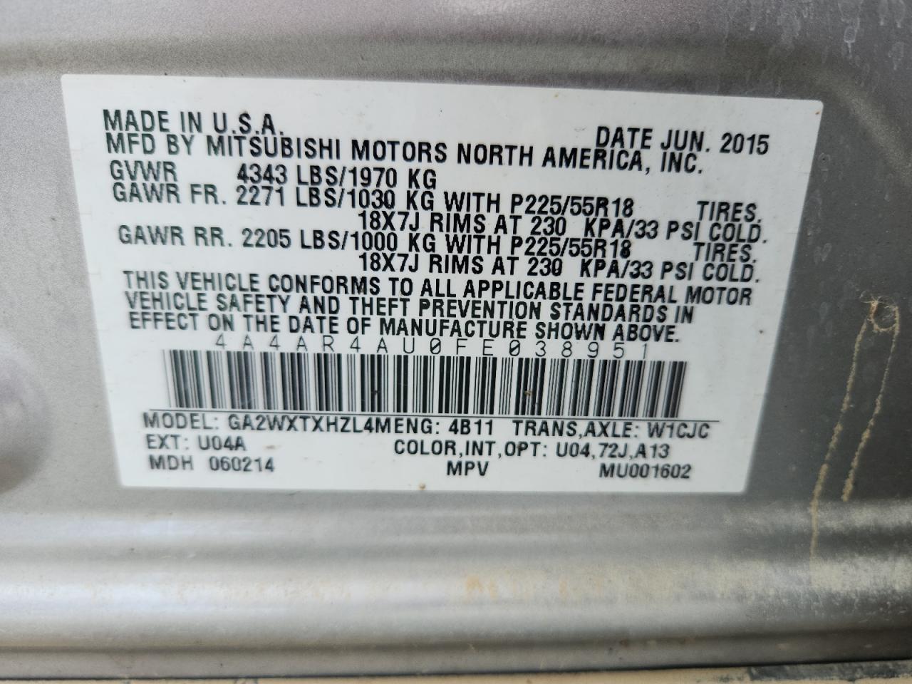 2015 Mitsubishi Outlander Sport Se VIN: 4A4AR4AU0FE038951 Lot: 64379085