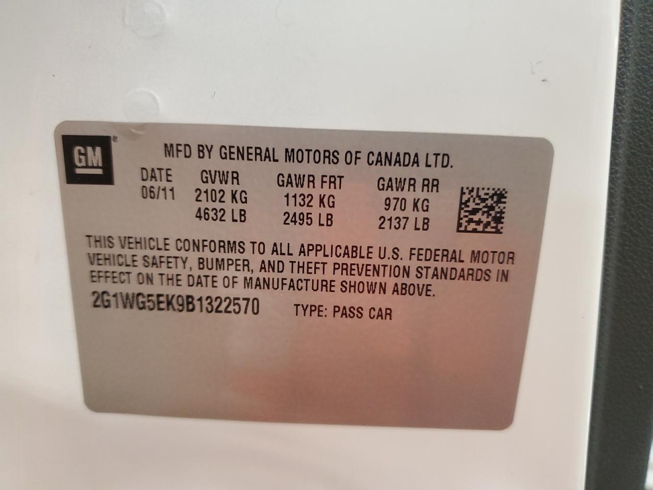 2011 Chevrolet Impala Lt VIN: 2G1WG5EK9B1322570 Lot: 66836635