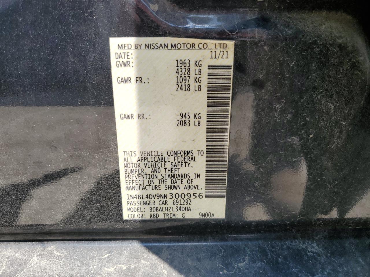 2022 Nissan Altima Sv VIN: 1N4BL4DV9NN300956 Lot: 64511485