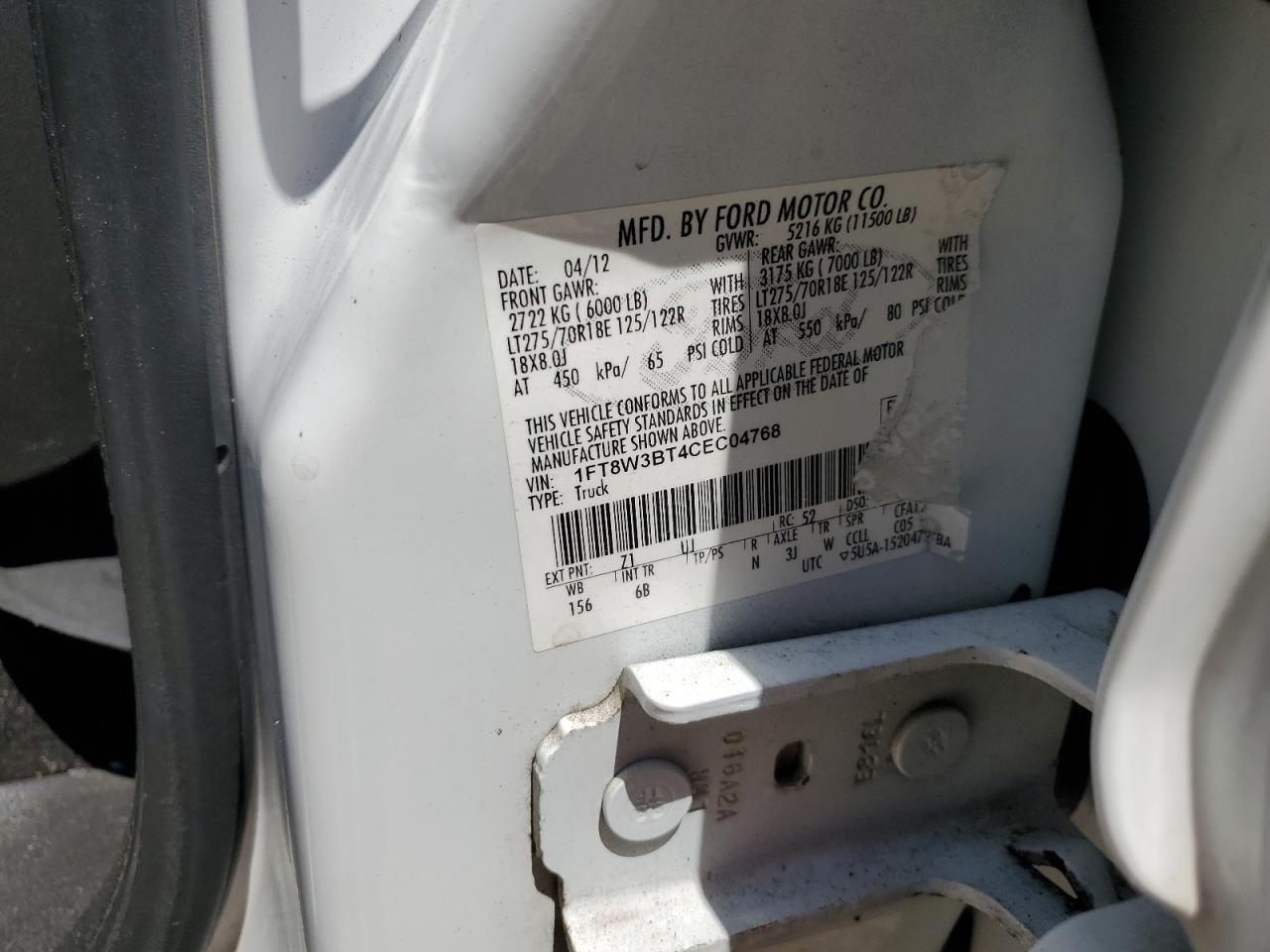 2012 Ford F350 Super Duty VIN: 1FT8W3BT4CEC04768 Lot: 63023625