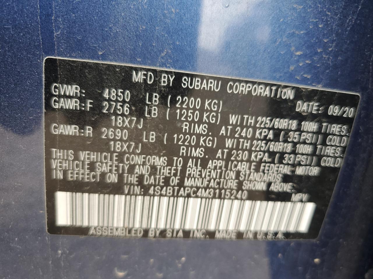 2021 Subaru Outback Touring VIN: 4S4BTAPC4M3115240 Lot: 64855535