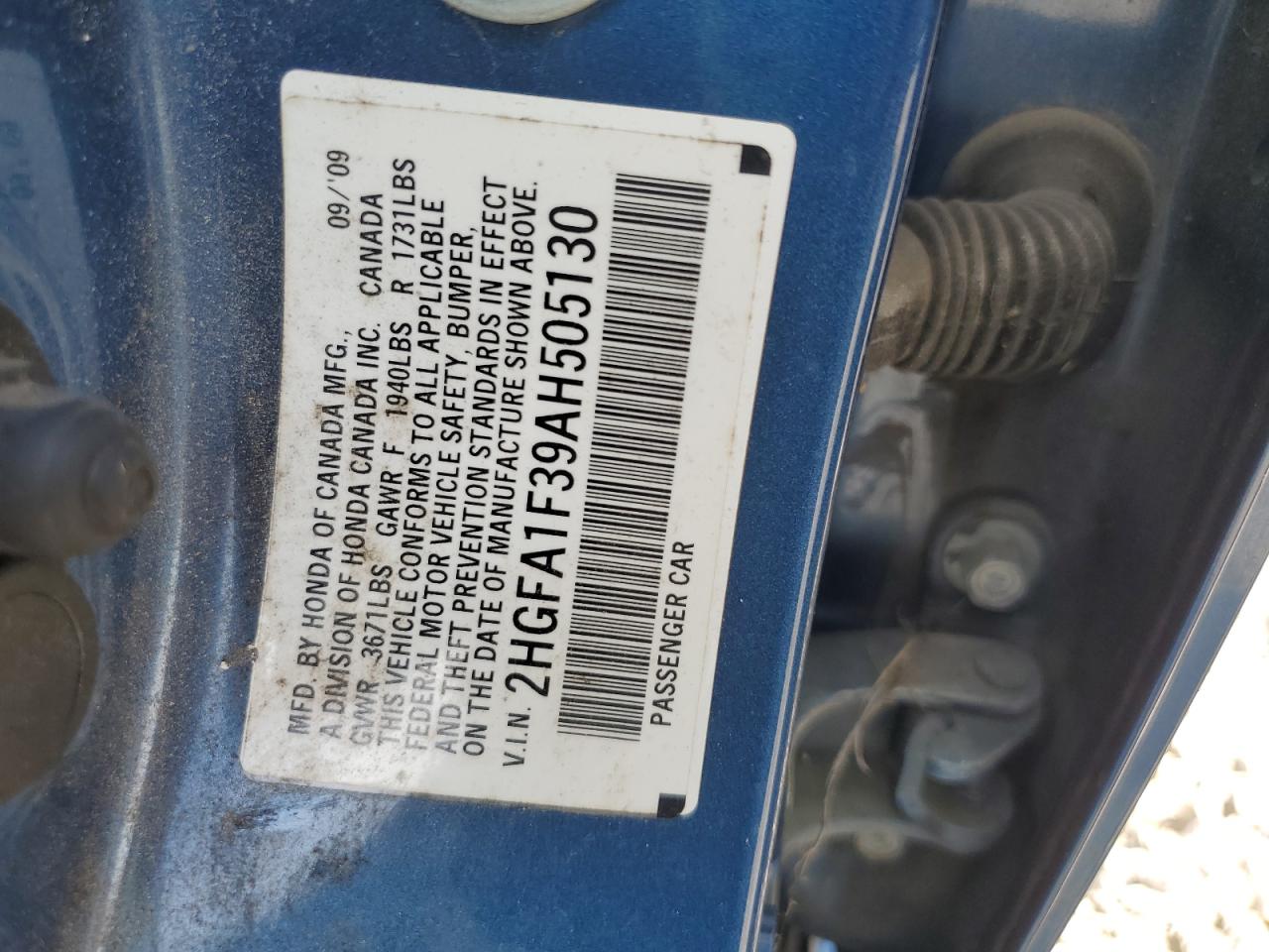 2010 Honda Civic Vp VIN: 2HGFA1F39AH505130 Lot: 66629725