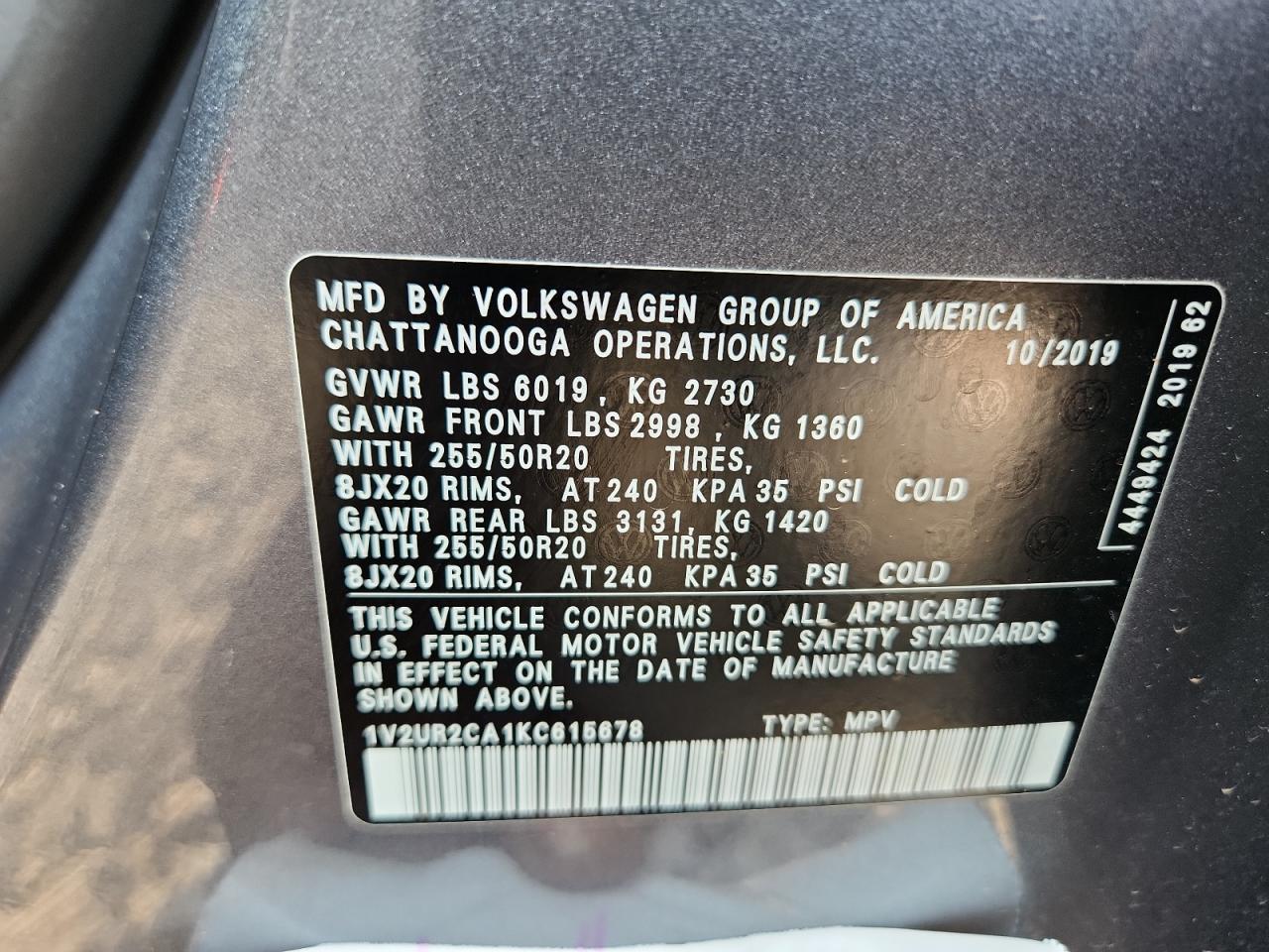 2019 Volkswagen Atlas Se VIN: 1V2UR2CA1KC615678 Lot: 66602275