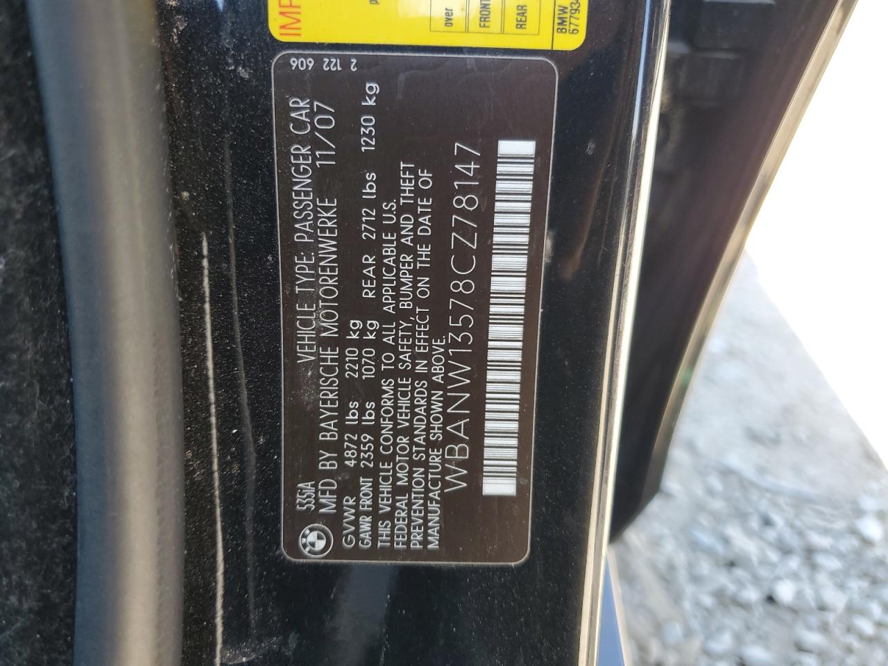 2008 BMW 535 I VIN: WBANW13578CZ78147 Lot: 63102655