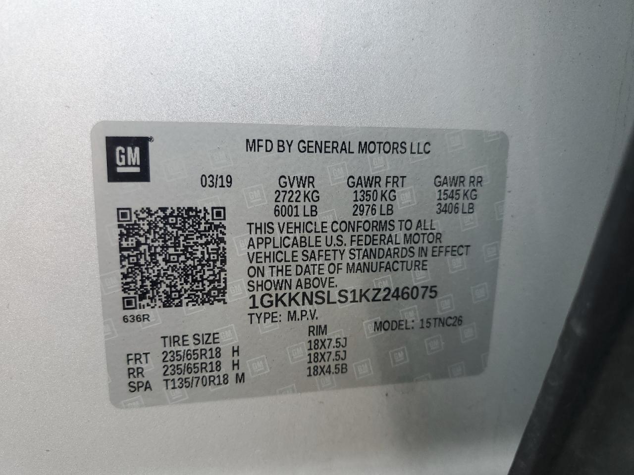 2019 GMC Acadia Sle VIN: 1GKKNSLS1KZ246075 Lot: 64836355