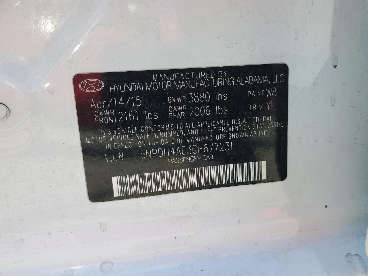 2016 Hyundai Elantra Se VIN: 5NPDH4AE3GH677231 Lot: 64818525