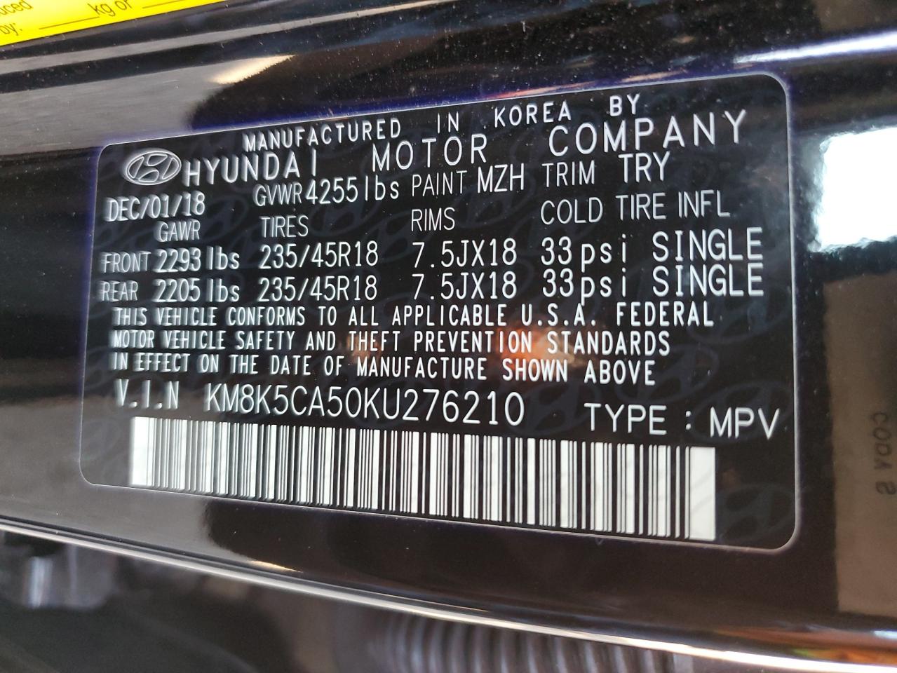 2019 Hyundai Kona Ultimate VIN: KM8K5CA50KU276210 Lot: 63314385
