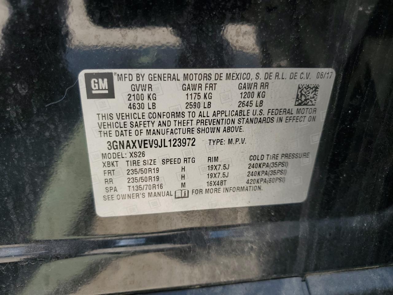 2018 Chevrolet Equinox Premier VIN: 3GNAXVEV9JL123972 Lot: 65042755