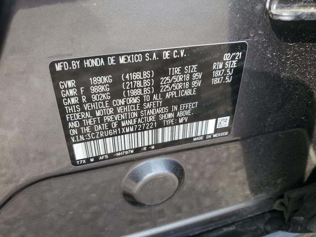 2021 Honda Hr-V Sport VIN: 3CZRU6H1XMM727221 Lot: 64566425