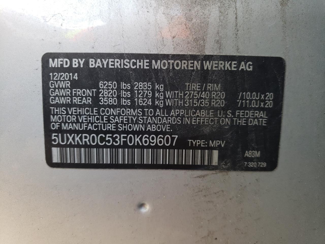 2015 BMW X5 xDrive35I VIN: 5UXKR0C53F0K69607 Lot: 63591805