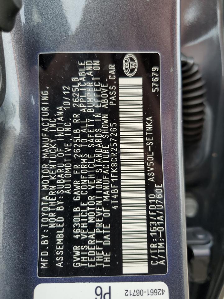 2012 Toyota Camry Base VIN: 4T4BF1FK8CR257265 Lot: 65502315