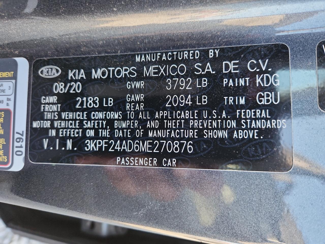 2021 Kia Forte Fe VIN: 3KPF24AD6ME270876 Lot: 63428265