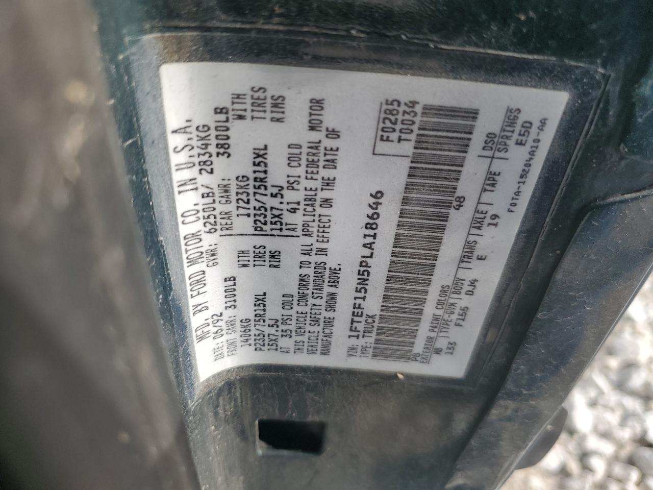 1993 Ford F150 VIN: 1FTEF15N5PLA18646 Lot: 64744775