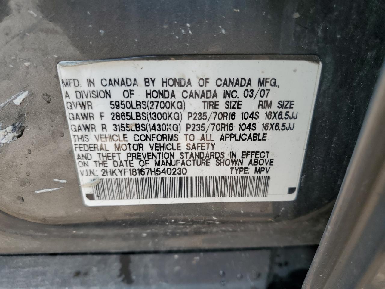 2007 Honda Pilot Lx VIN: 2HKYF18167H540230 Lot: 64079635