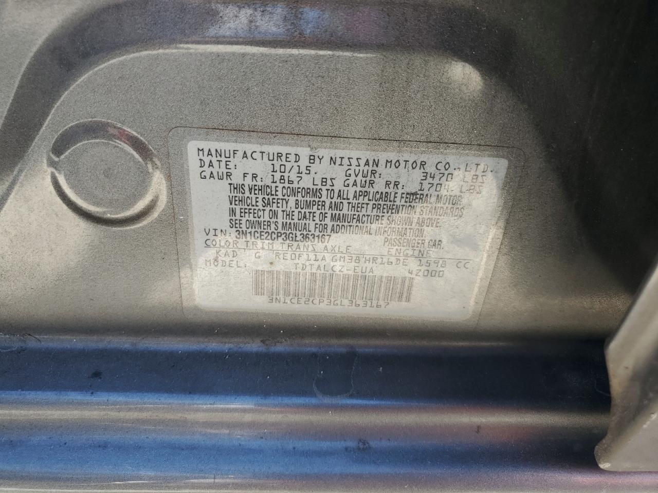 2016 Nissan Versa Note S VIN: 3N1CE2CP3GL363167 Lot: 64448645
