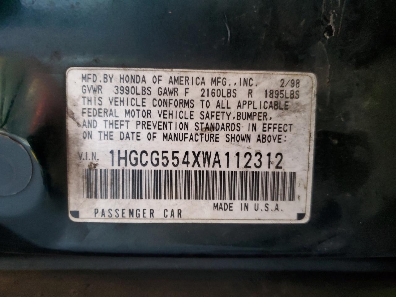 1998 Honda Accord Lx VIN: 1HGCG554XWA112312 Lot: 65215385