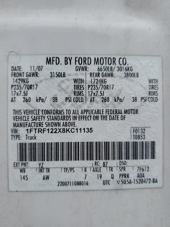 2008 Ford F150 VIN: 1FTRF122X8KC11135 Lot: 65226705