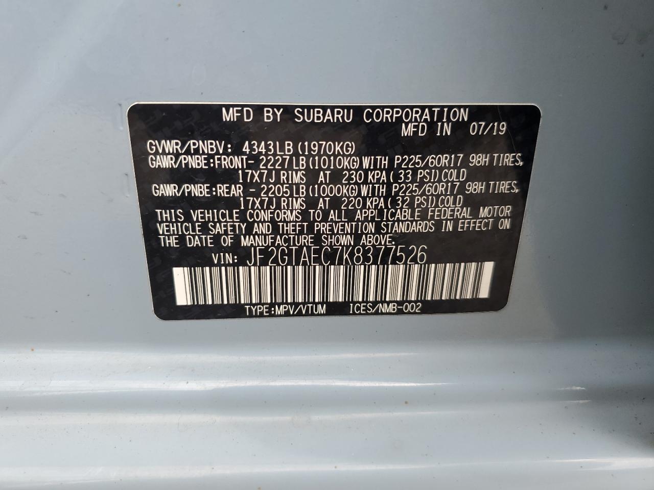 2019 Subaru Crosstrek Premium VIN: JF2GTAEC7K8377526 Lot: 63775935