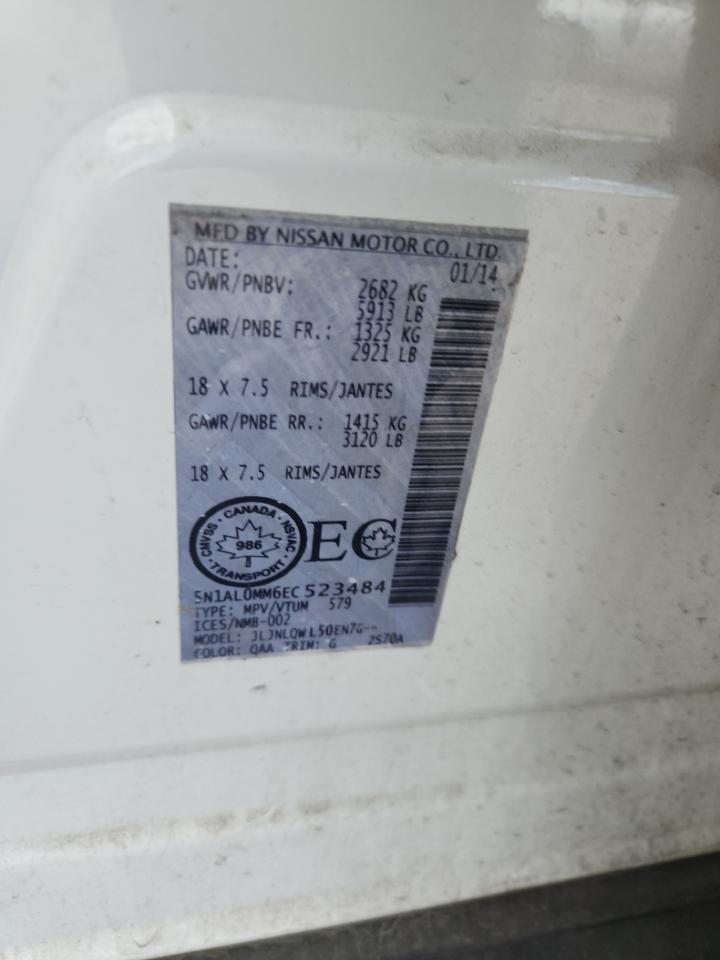 2014 Infiniti Qx60 VIN: 5N1AL0MM6EC523484 Lot: 65429775