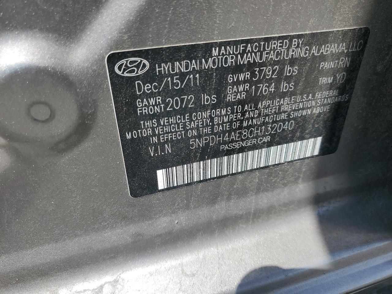 2012 Hyundai Elantra Gls VIN: 5NPDH4AE8CH132040 Lot: 64934155