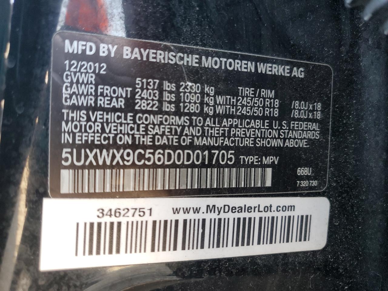 2013 BMW X3 xDrive28I VIN: 5UXWX9C56D0D01705 Lot: 64747765