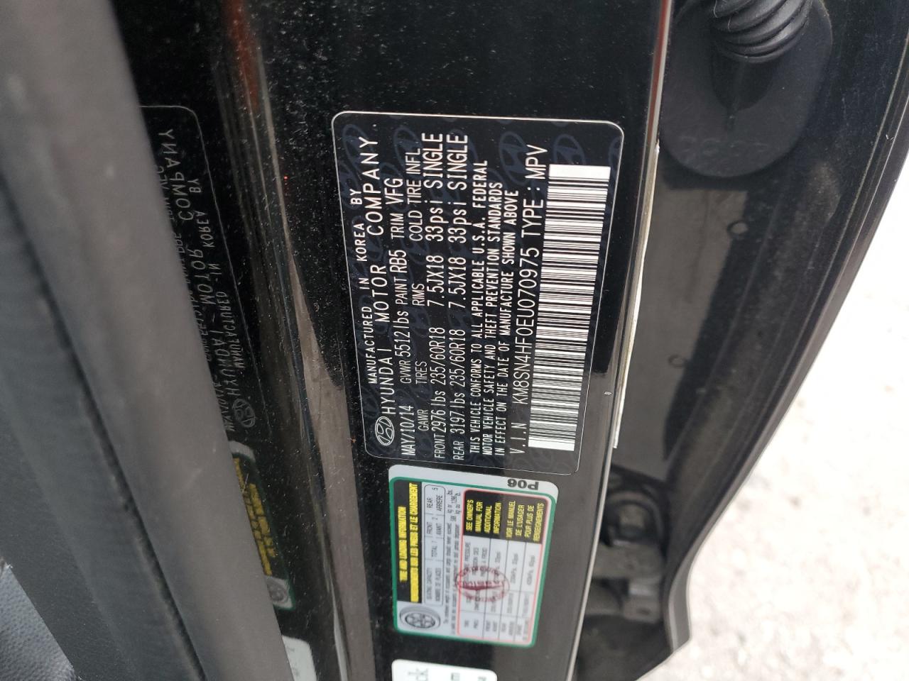 2014 Hyundai Santa Fe Gls VIN: KM8SN4HF0EU070975 Lot: 62842925