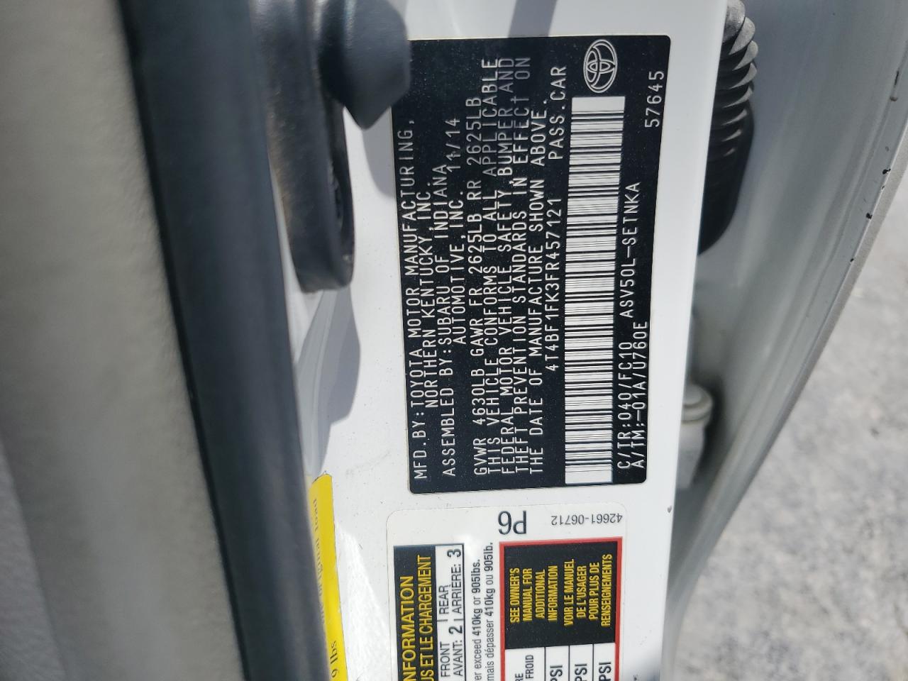 2015 Toyota Camry Le VIN: 4T4BF1FK3FR457121 Lot: 64947825