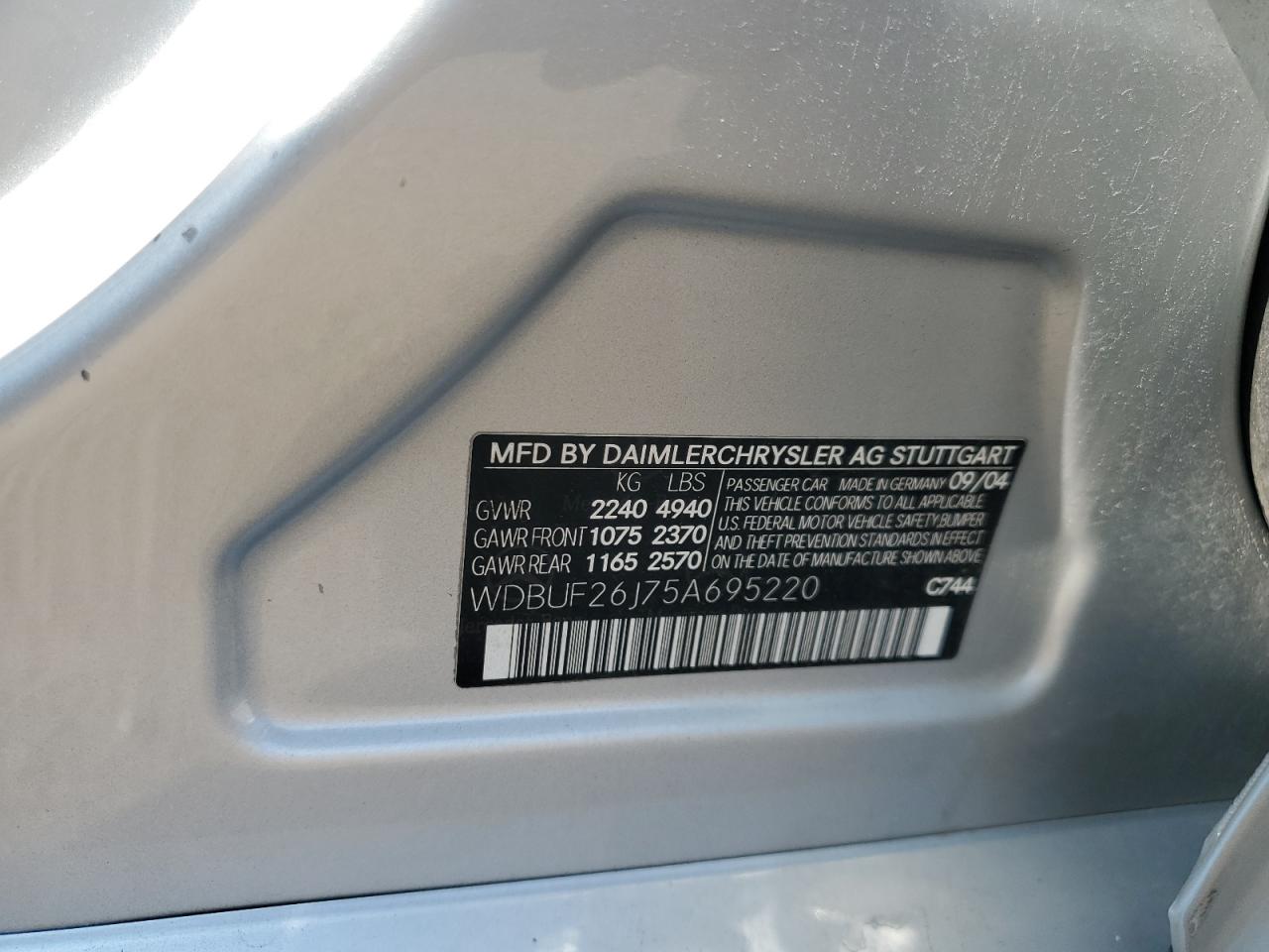 2005 Mercedes-Benz E 320 Cdi VIN: WDBUF26J75A695220 Lot: 64761595