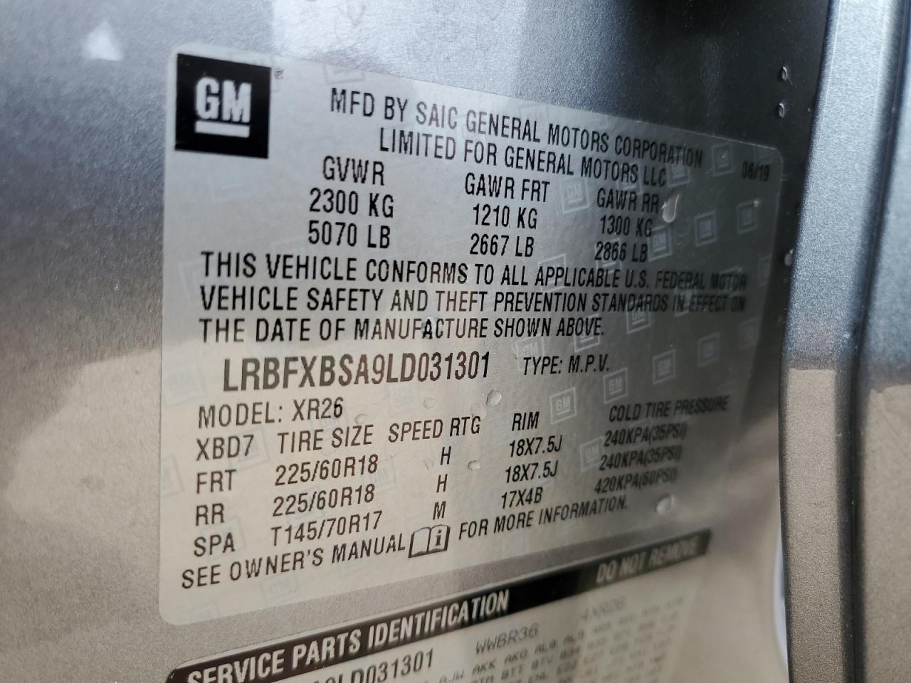 2020 Buick Envision Preferred VIN: LRBFXBSA9LD031301 Lot: 63871895