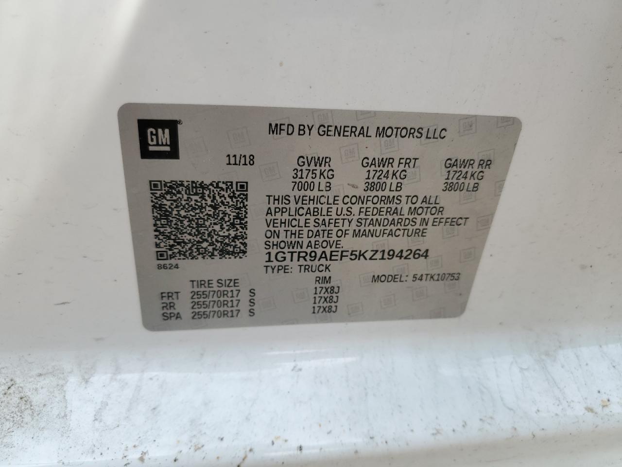 2019 GMC Sierra K1500 VIN: 1GTR9AEF5KZ194264 Lot: 66079245