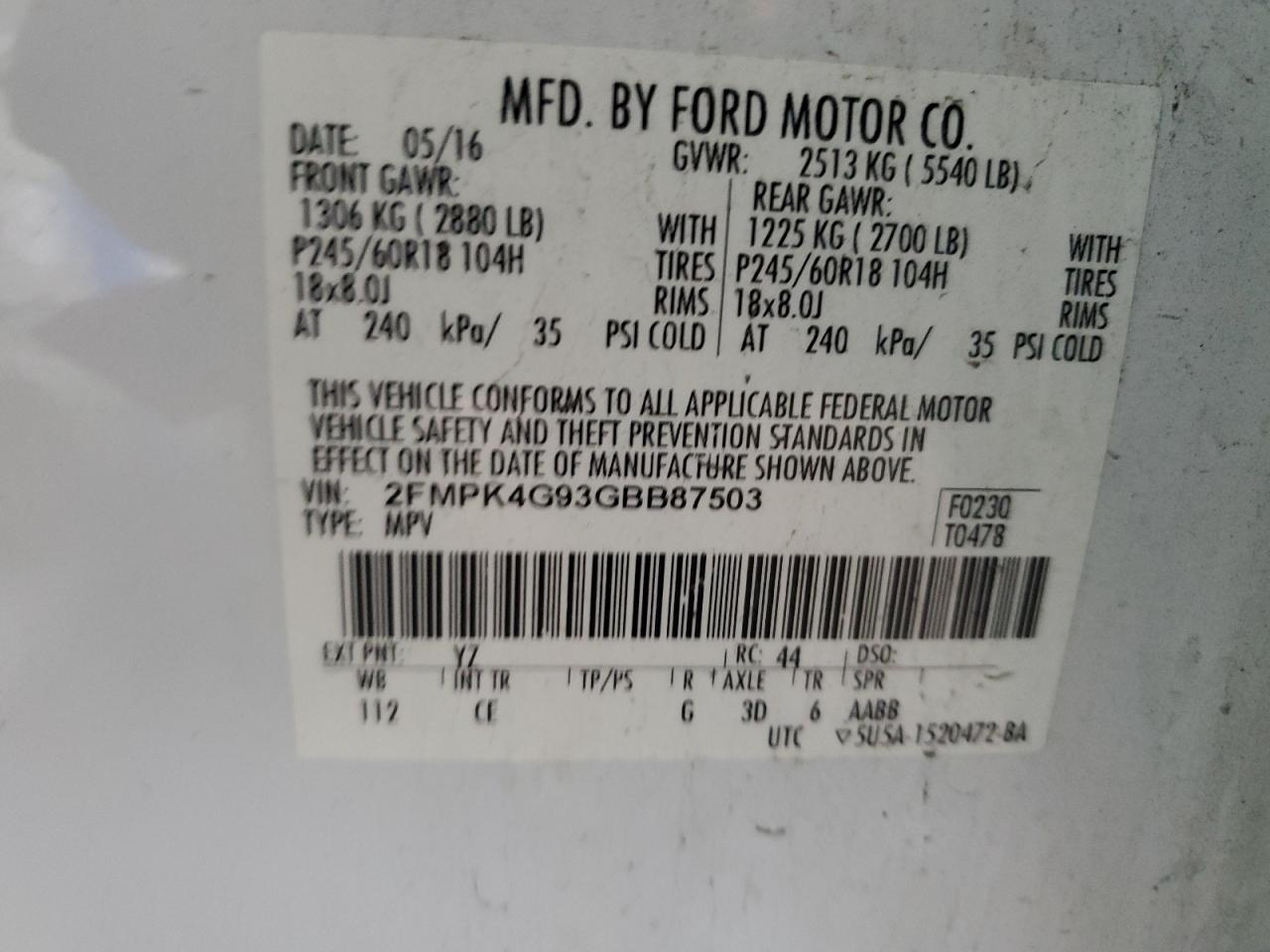 2016 Ford Edge Se VIN: 2FMPK4G93GBB87503 Lot: 64146735
