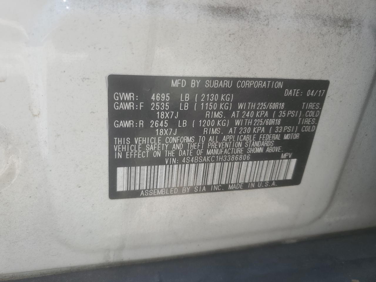 2017 Subaru Outback 2.5I Limited VIN: 4S4BSAKC1H3386806 Lot: 63775495