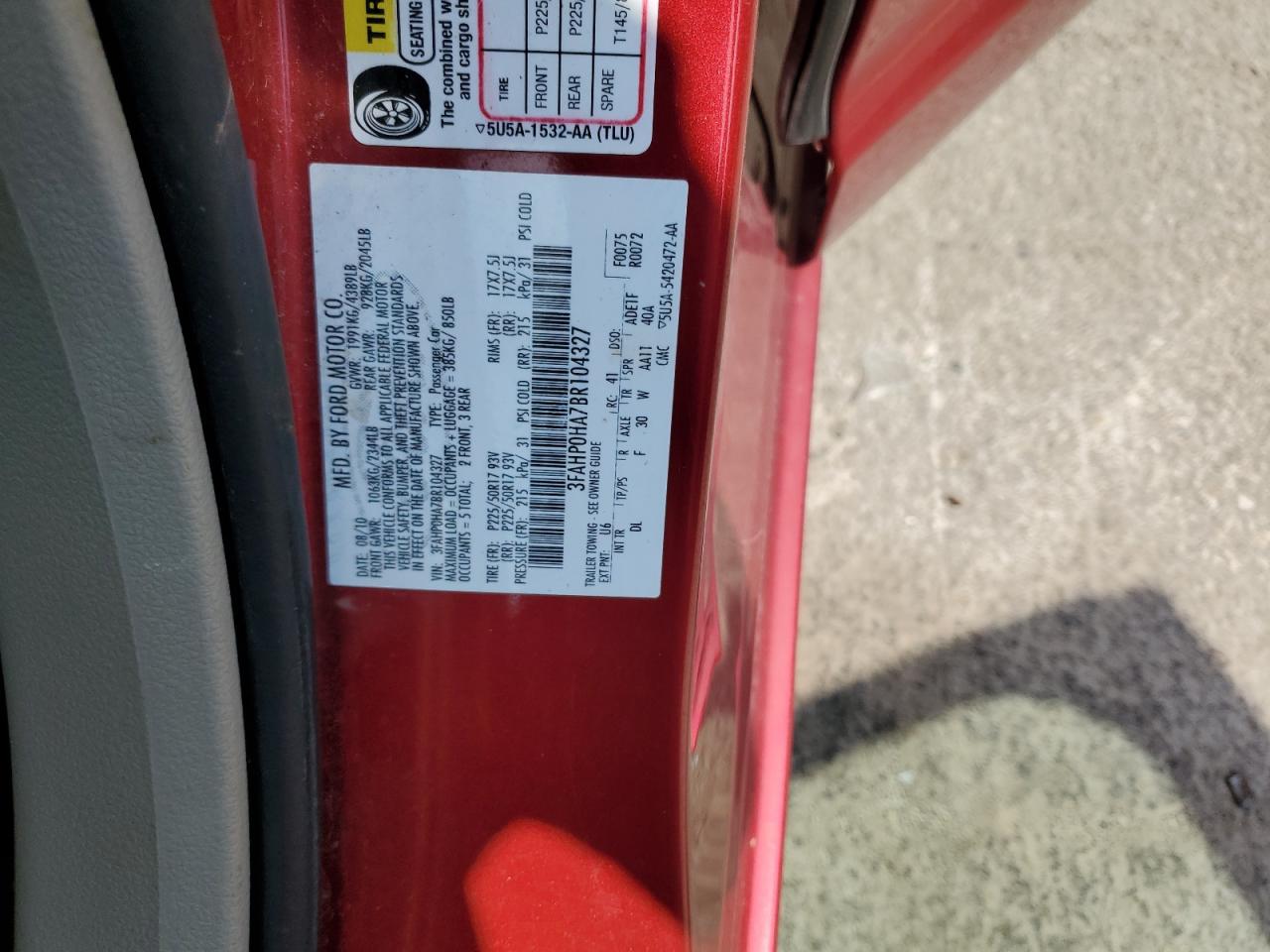 2011 Ford Fusion Se VIN: 3FAHP0HA7BR104327 Lot: 64462475