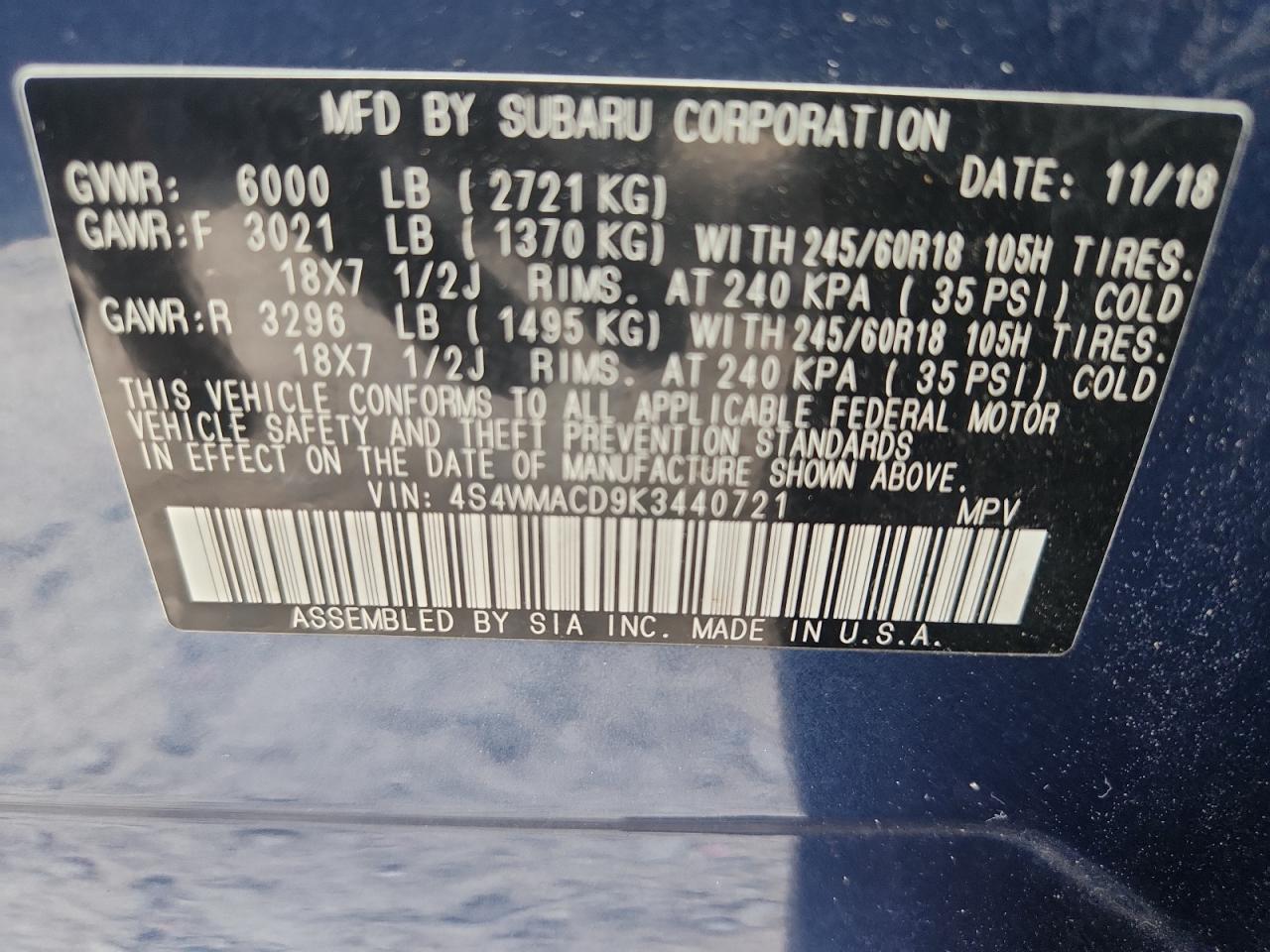 2019 Subaru Ascent Premium VIN: 4S4WMACD9K3440721 Lot: 61680525
