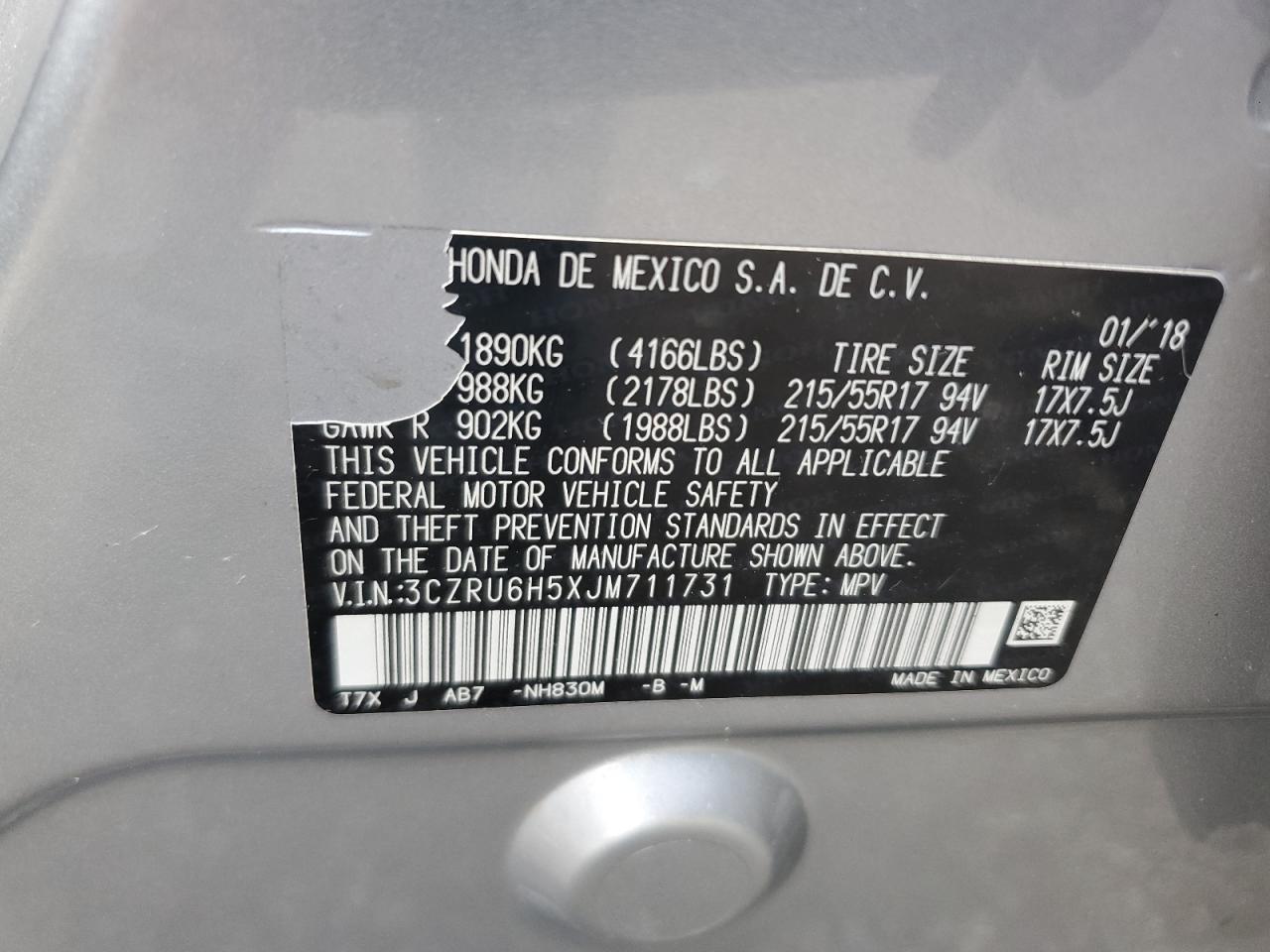 2018 Honda Hr-V Ex VIN: 3CZRU6H5XJM711731 Lot: 65657975