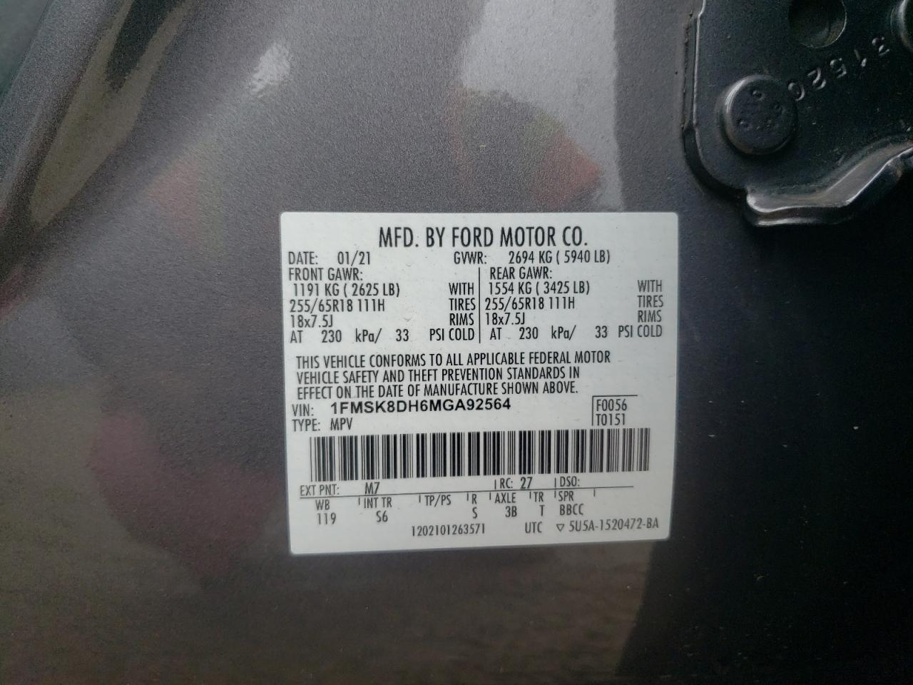 2021 Ford Explorer Xlt VIN: 1FMSK8DH6MGA92564 Lot: 64023005