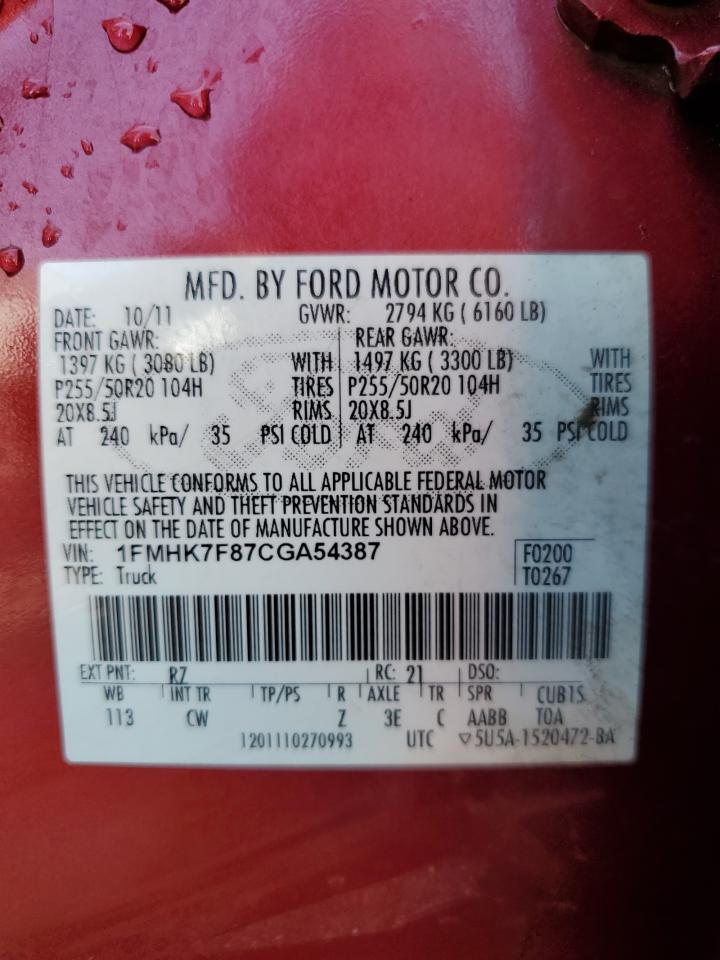 2012 Ford Explorer Limited VIN: 1FMHK7F87CGA54387 Lot: 65642695