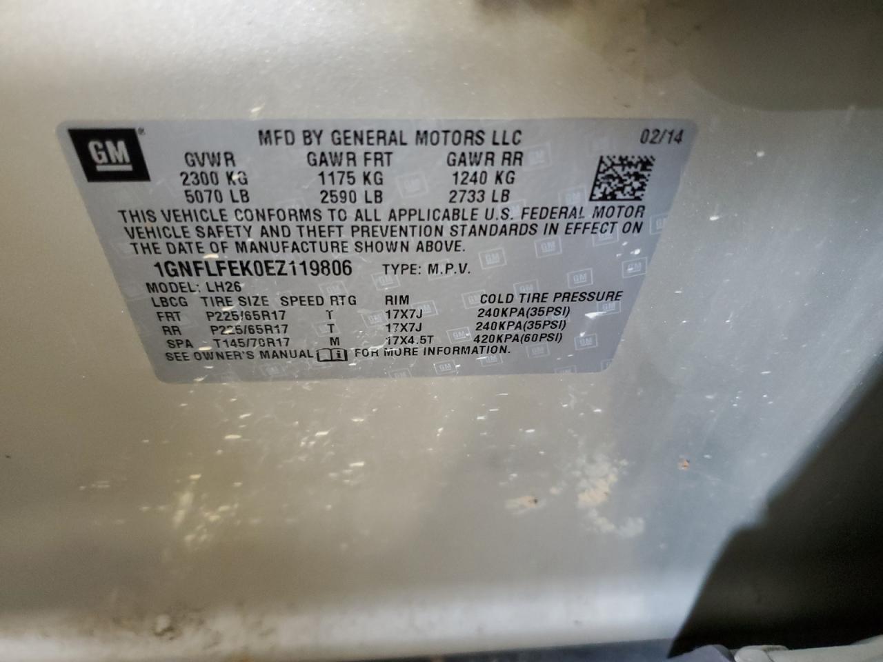 2014 Chevrolet Equinox Lt VIN: 1GNFLFEK0EZ119806 Lot: 64735355