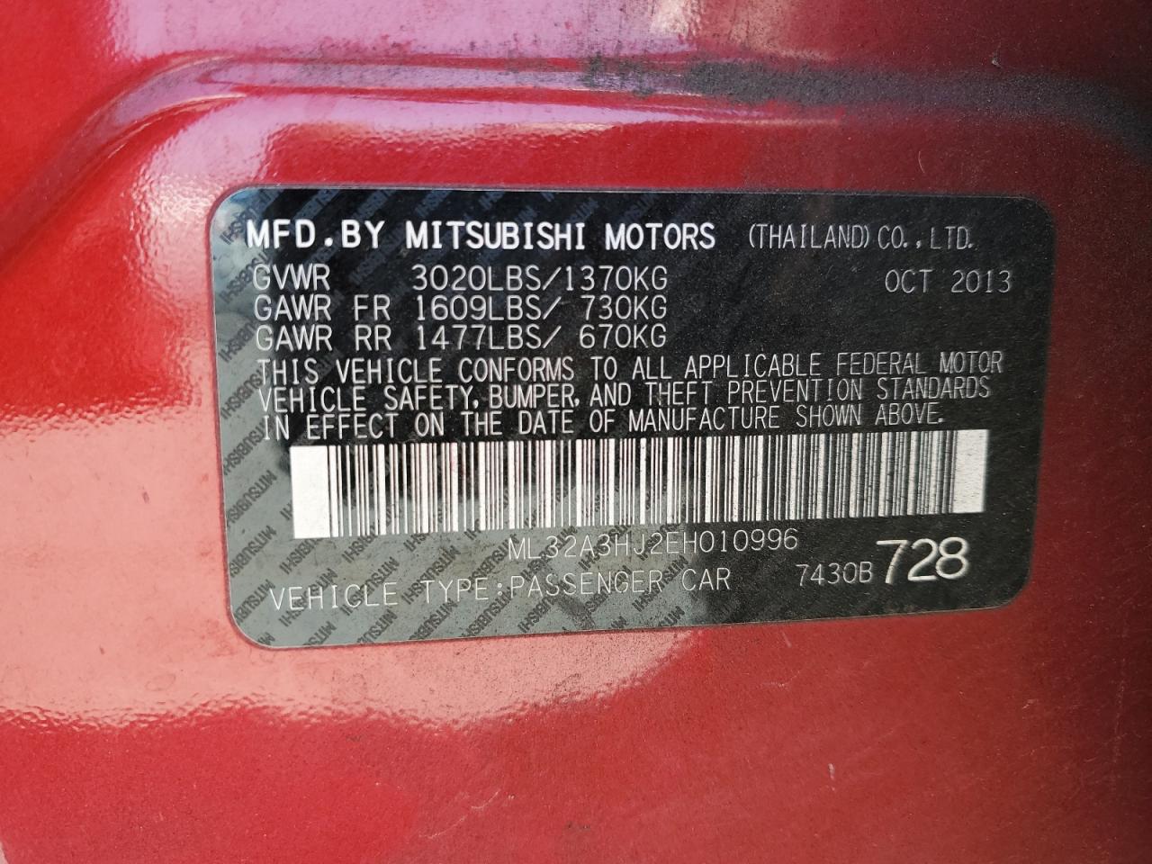 2014 Mitsubishi Mirage De VIN: ML32A3HJ2EH010996 Lot: 65229495