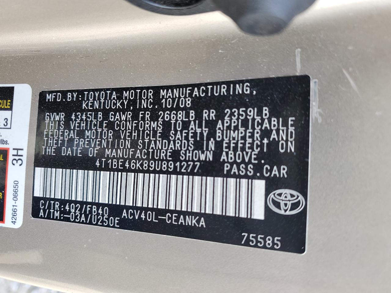 2009 Toyota Camry Base VIN: 4T1BE46K89U891277 Lot: 65139865