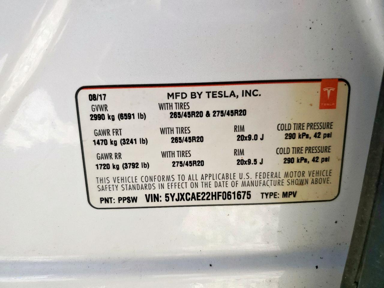 2017 Tesla Model X VIN: 5YJXCAE22HF061675 Lot: 65476395