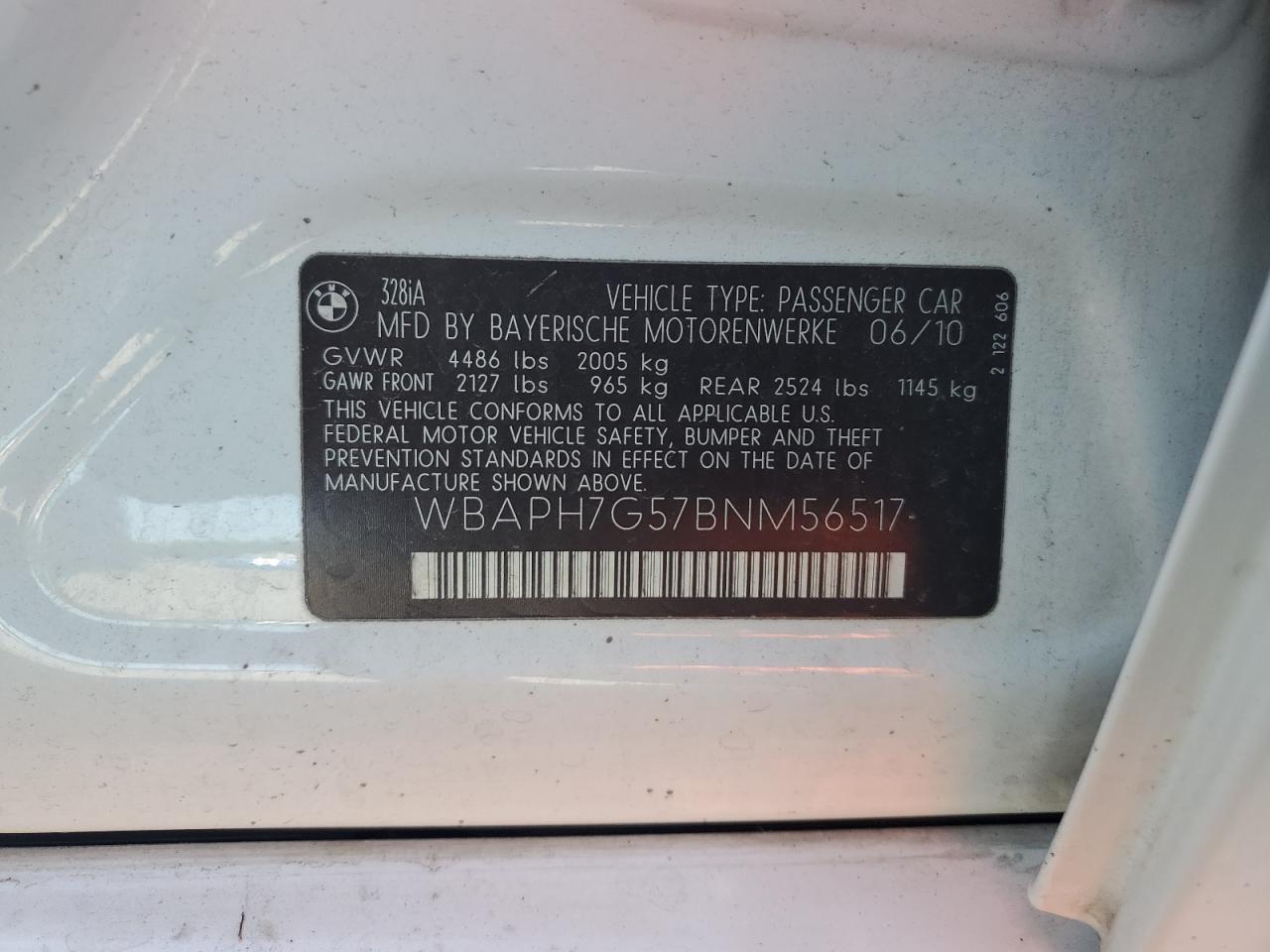 2011 BMW 328 I VIN: WBAPH7G57BNM56517 Lot: 65522635