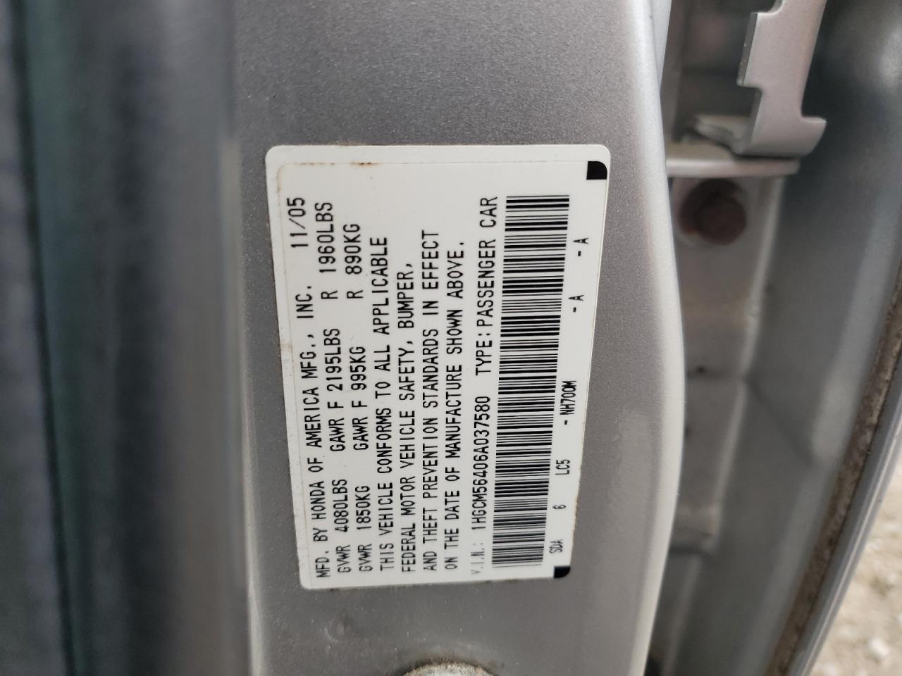 2006 Honda Accord Lx VIN: 1HGCM56406A037580 Lot: 64554455