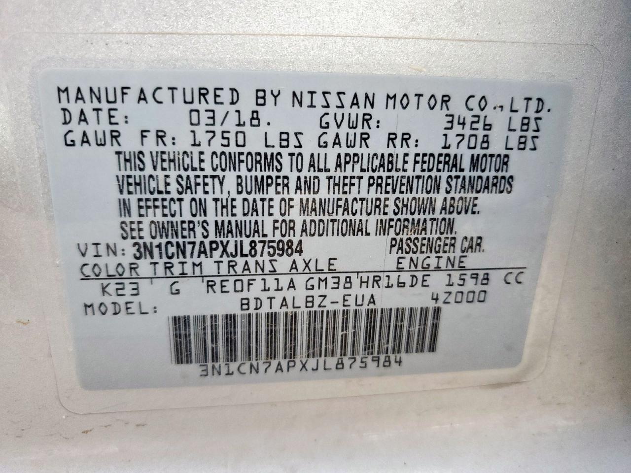 2018 Nissan Versa S VIN: 3N1CN7APXJL875984 Lot: 63127765
