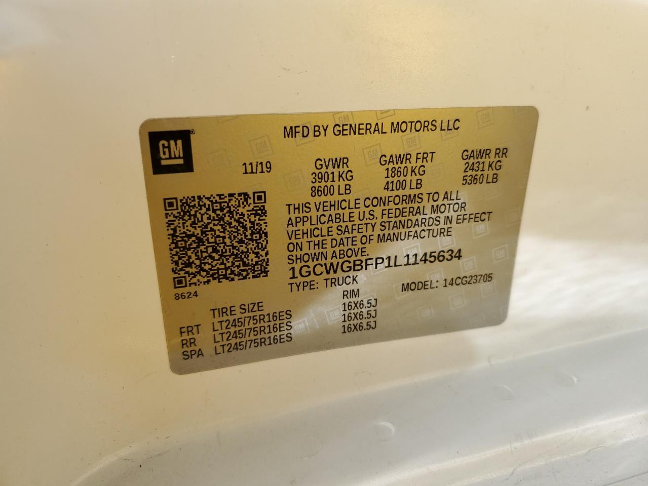 2020 Chevrolet Express G2500 VIN: 1GCWGBFP1L1145634 Lot: 63110295