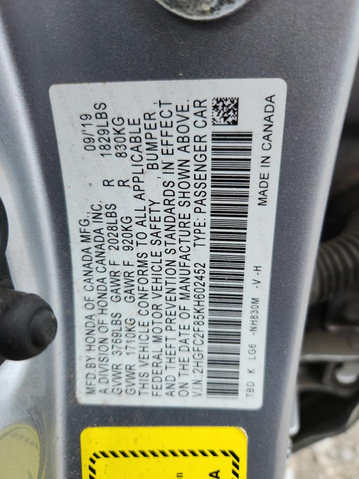 2019 Honda Civic Sport VIN: 2HGFC2F85KH602452 Lot: 64022705