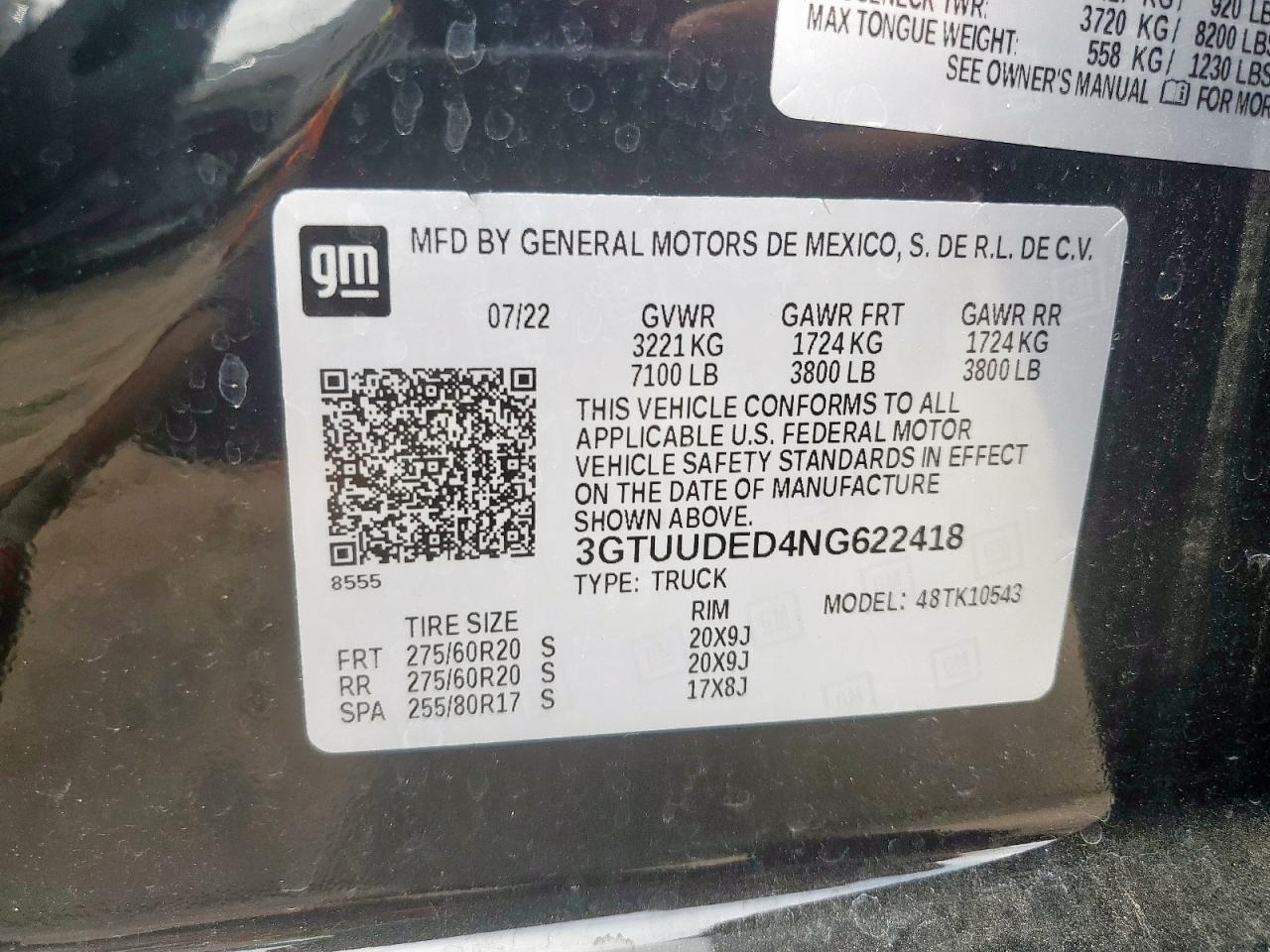 2022 GMC Sierra K1500 Slt VIN: 3GTUUDED4NG622418 Lot: 65022025