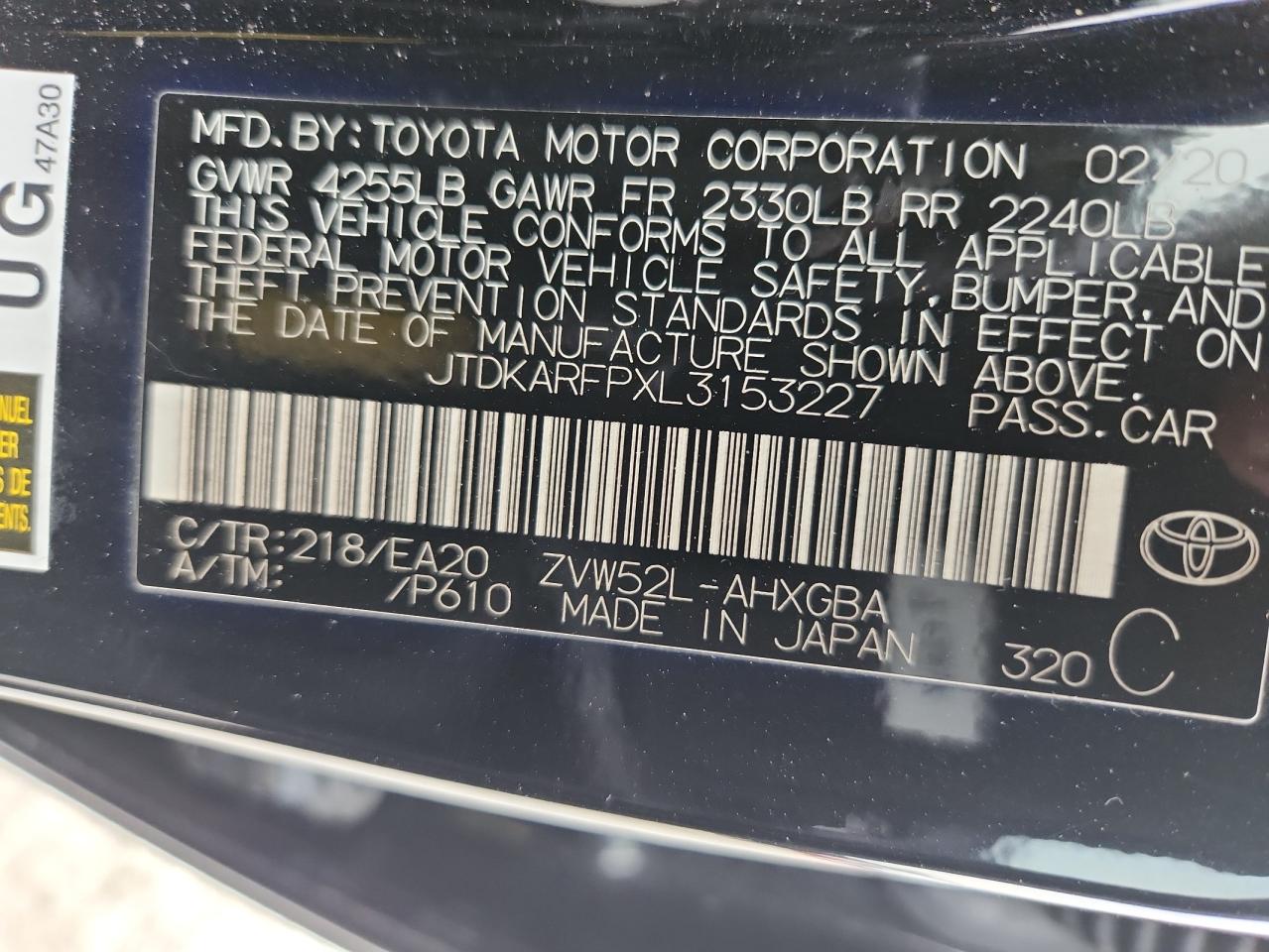 2020 Toyota Prius Prime Le VIN: JTDKARFPXL3153227 Lot: 64035955
